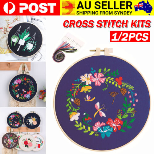 Flowers Pattern Embroidery Kits Craft Beginner Needlepoint Hoop Cross Stitch DIY