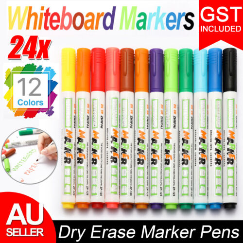 24PCS 12 Colouring Dry Erase Marker Pens Easy Whiteboard Wipe Clean Book Kids AU