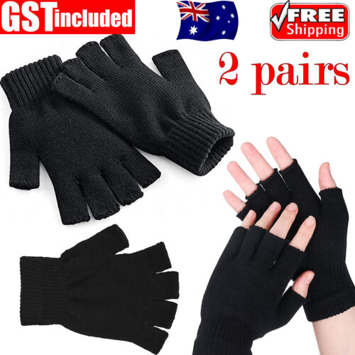 2pairs Winter Fingerless Gloves Open Finger Black Soft Warm Knitted Glove Unisex