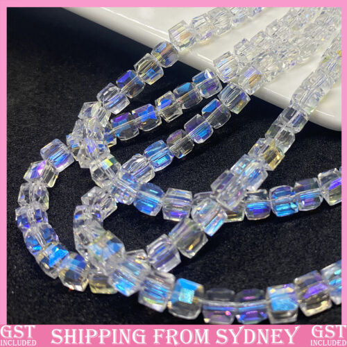 200X Clear AB Colour Square Cube Beads Crystal Glass Prism Faceted 4mm Jewelry A