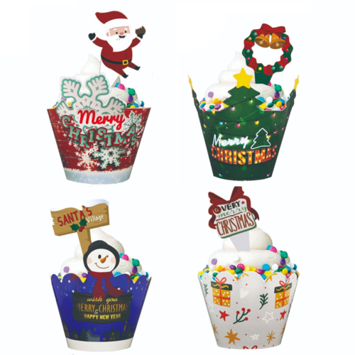 24PCS Christmas Cupcake Toppers Wrappers Party Supplies XMAS Decoration