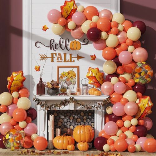 138pcs Autumn Maple Arch Garland Kit Balloons Orange Burgundy With Maple Leaves