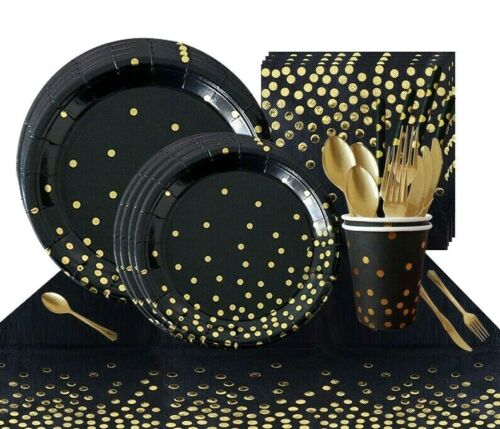 Black Gold Dot Tableware Party Supplies Plates Napkins Disposable Decoration