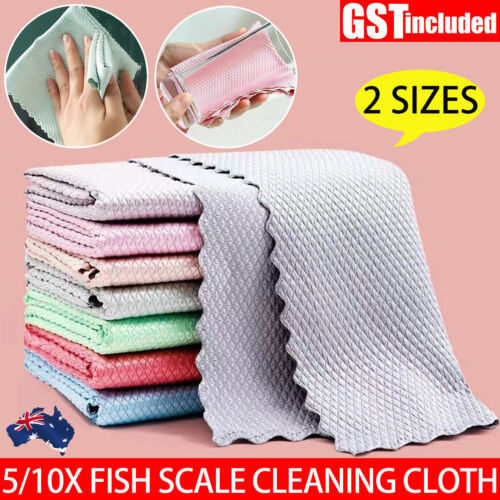 5/10X Fish Scale+Microfiber+Glass Cleaning Cloth Set Polish Towel  Wipes Bulk AU