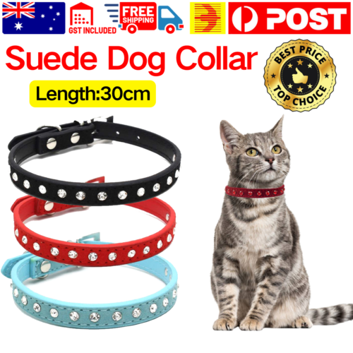 Suede Dog Collar Kitten Cat Puppy Pet safety Release adjustable Rhinestone Bell