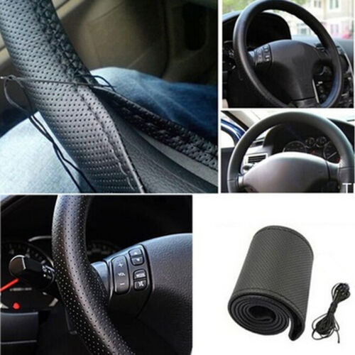 Leather DIY Car Steering Wheel Cover Breathable Anti-slip Universal 38cm 2Colour