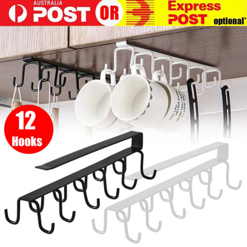 12 Hook Mug Cup Rack Holder Under Shelf Kitchen Cabinet Metal Hanger Wardrobe AU