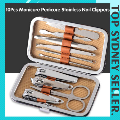 10Pcs Manicure Pedicure Stainless Nail Clippers Kit Set Cuticle Grooming Case AU