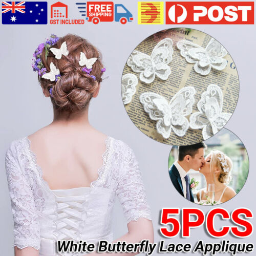 5pcs White Flower Lace Butterfly Applique Trims Embroidery Motif Craft Sewing AU