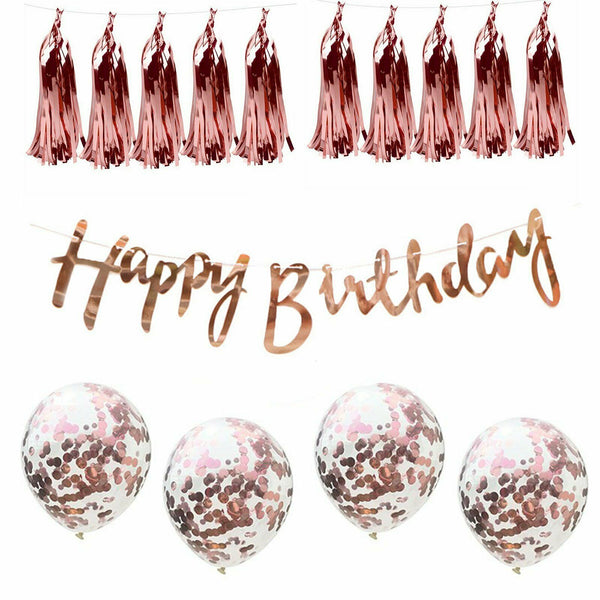 Rose Gold 30cm Confetti Sequins Latex Balloons / Happy Birthday Banner / Tassel - Lets Party