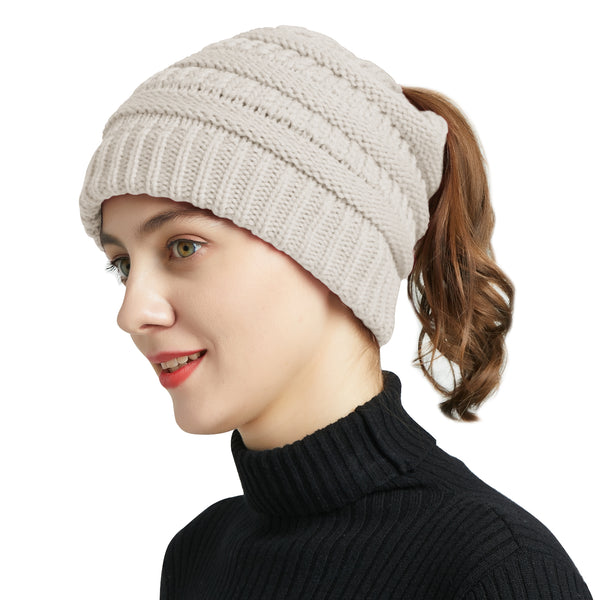 Women's Ponytail Beanie Skull Cap Winter Warm Stretch Cable Knit High Bun Hat - Lets Party